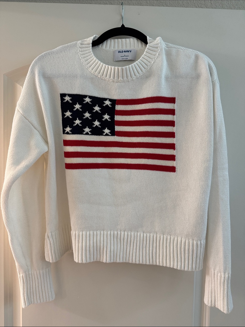 Old Navy White Crewneck Sweater with Red and Blue Flag Motif